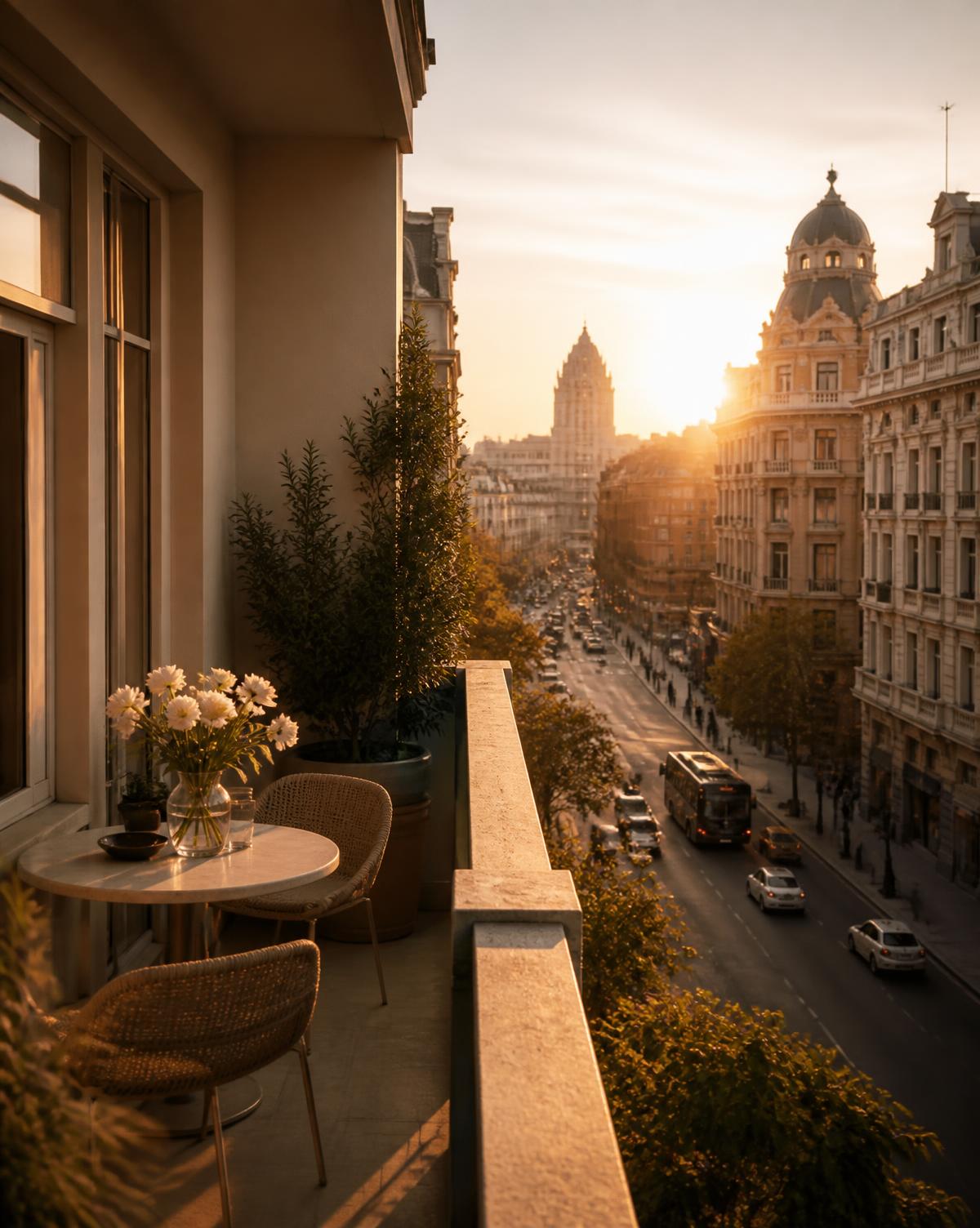 Balcon de apartament cu vedere spre un bulevard din București la apus